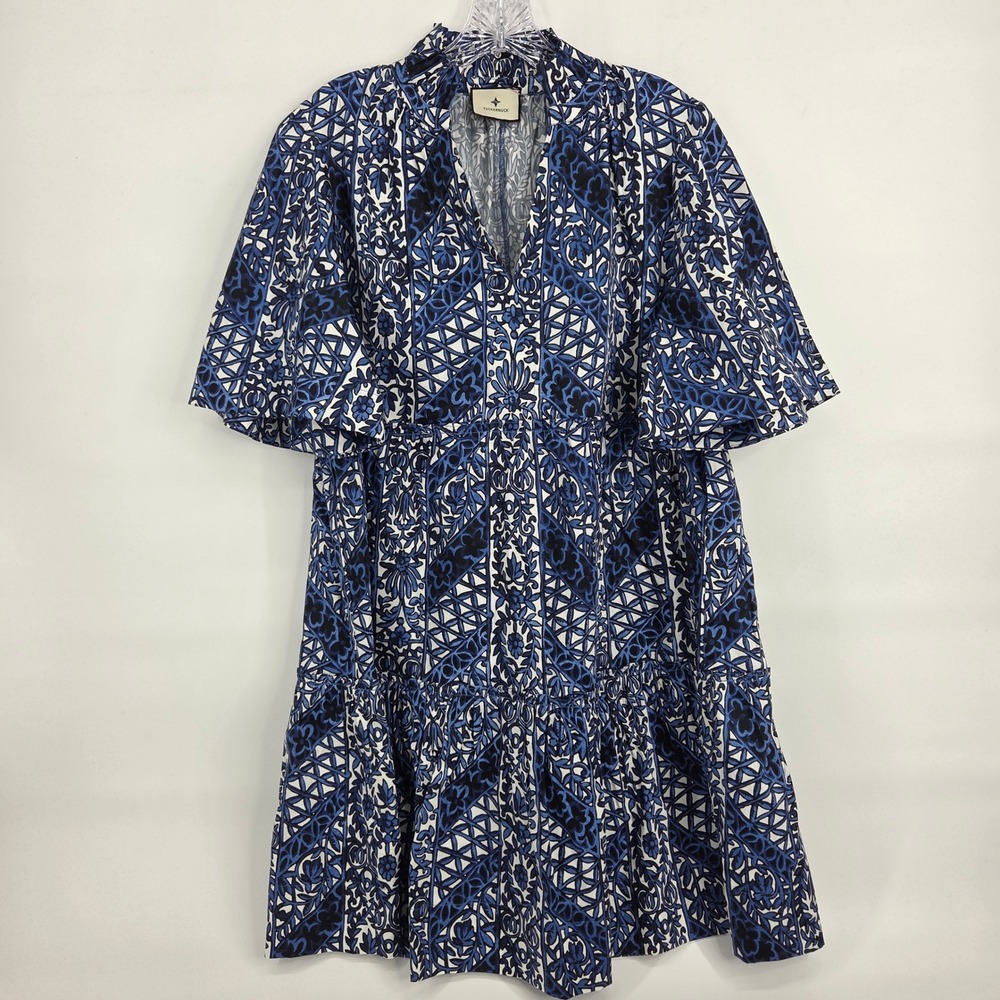 Tuckernuck Mini Dress Blue White Tile Print Tiered Ruffle Flutter Sleeve Preppy